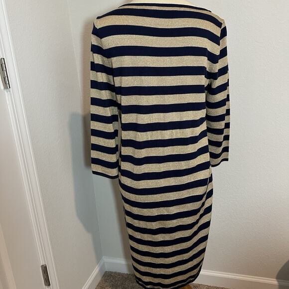 Ralph Lauren Sweater Dress Neutral Metallic Stripes Midi Office Bodycon Casual - Picture 5 of 10